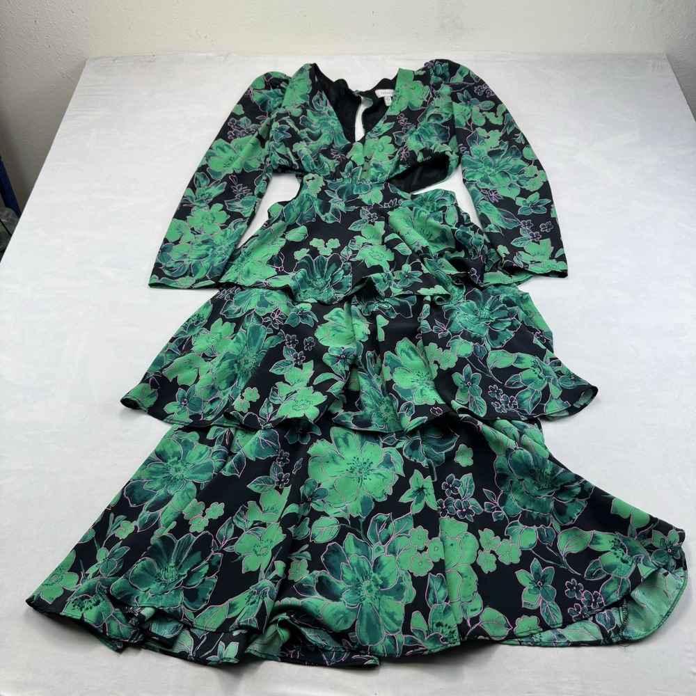 Topshop Women's US 4 Black Green Floral Print Cutout Tiered Mini Dress